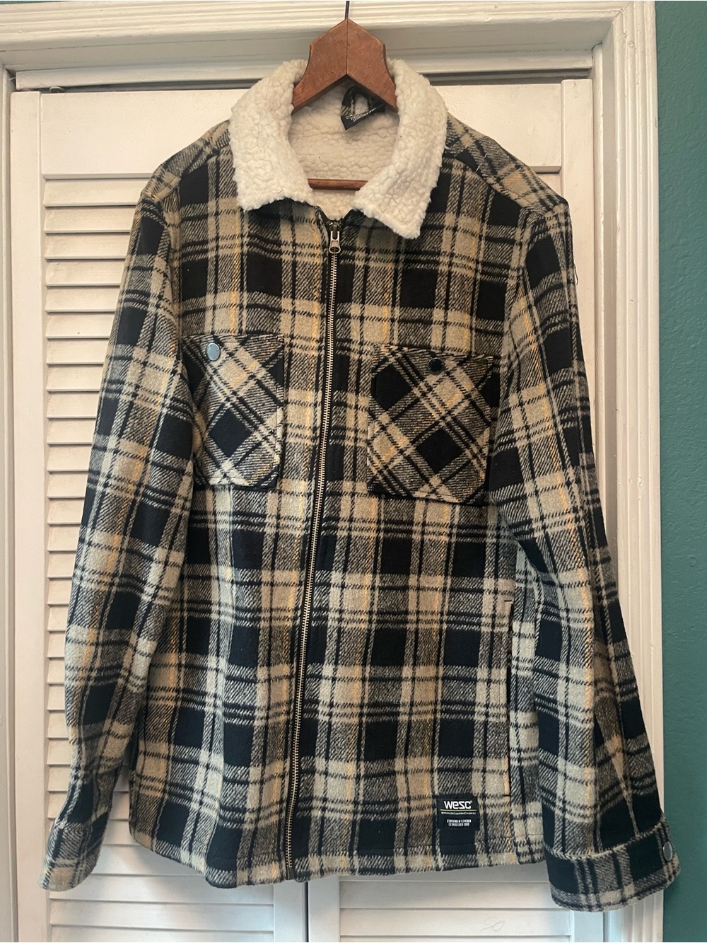 Wesc Black & Cream Plaid Sherpa-Collar Zip Jacket